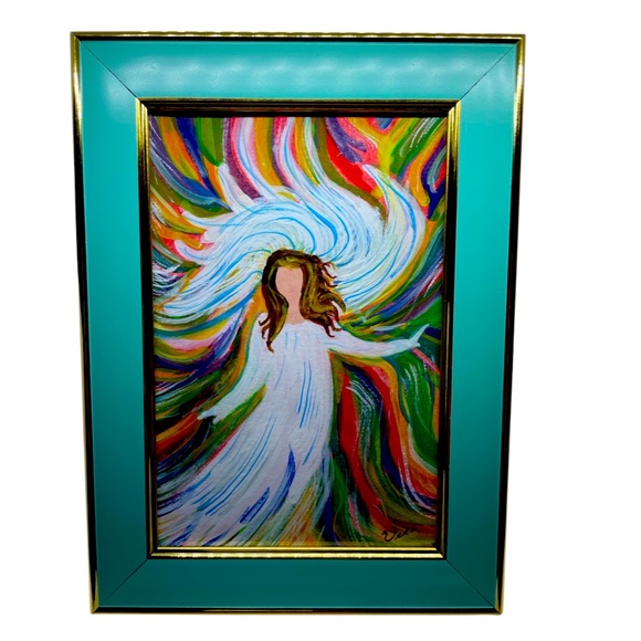 Hand Crafted Other - Original watercolor angel painting hand crafted mint gold tone frame abstract